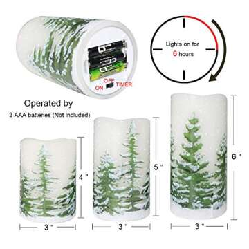 Eldnacele Green Tree Christmas Deco Flameless Flickering Candles with Automatical Daily Timers, Battery Operated LED Candles Real Wax Decals Pack 3 Tiered Pillars 3 x 4 5 6 Inches