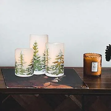 Eldnacele Green Tree Christmas Deco Flameless Flickering Candles with Automatical Daily Timers, Battery Operated LED Candles Real Wax Decals Pack 3 Tiered Pillars 3 x 4 5 6 Inches
