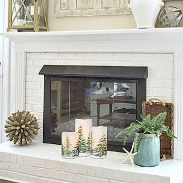 Eldnacele Green Tree Christmas Deco Flameless Flickering Candles with Automatical Daily Timers, Battery Operated LED Candles Real Wax Decals Pack 3 Tiered Pillars 3 x 4 5 6 Inches