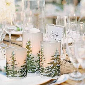 Eldnacele Green Tree Christmas Deco Flameless Flickering Candles with Automatical Daily Timers, Battery Operated LED Candles Real Wax Decals Pack 3 Tiered Pillars 3 x 4 5 6 Inches