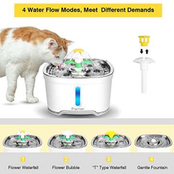 Cat Water Dispenser, Parner Stainless Steel Pet Fountain Flower 2.5L Auto Cat Fountain, Quiet Cat Drinking Fountain with 4 Filters & 1 Silicone Mat & 2 Cleaning Brushes for Cat, Dog, Bird, Other Pets