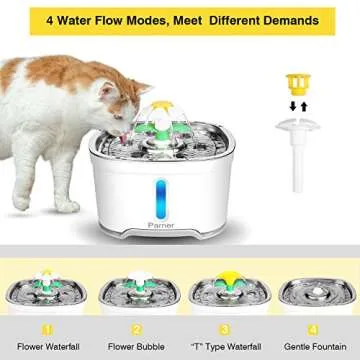 Cat Water Dispenser, Parner Stainless Steel Pet Fountain Flower 2.5L Auto Cat Fountain, Quiet Cat Drinking Fountain with 4 Filters & 1 Silicone Mat & 2 Cleaning Brushes for Cat, Dog, Bird, Other Pets