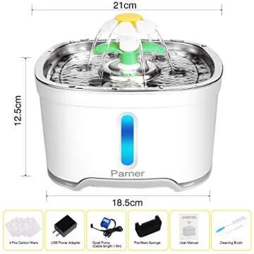 Cat Water Dispenser, Parner Stainless Steel Pet Fountain Flower 2.5L Auto Cat Fountain, Quiet Cat Drinking Fountain with 4 Filters & 1 Silicone Mat & 2 Cleaning Brushes for Cat, Dog, Bird, Other Pets