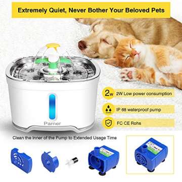 Cat Water Dispenser, Parner Stainless Steel Pet Fountain Flower 2.5L Auto Cat Fountain, Quiet Cat Drinking Fountain with 4 Filters & 1 Silicone Mat & 2 Cleaning Brushes for Cat, Dog, Bird, Other Pets