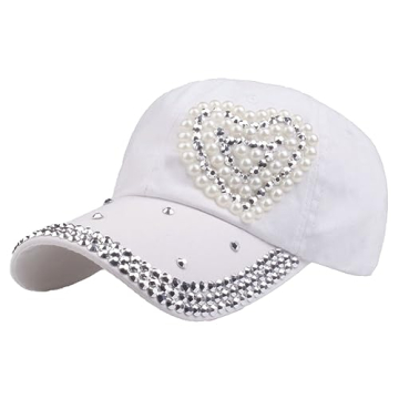 Baseball Cap for Women Shiny Pearl Loving Heart Baseball Caps Vintage Denim Hats Bling Sun Hat Adjus...