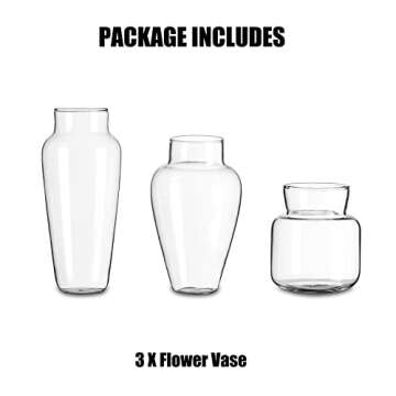 Glasseam Glass Vases for Decor, Modern Flower Vase Set of 3, Unique Handmade Clear Vase for Flowers, Blown Small Decorative Vases for Home Decor Living Room Decorations Dining Table Centerpieces