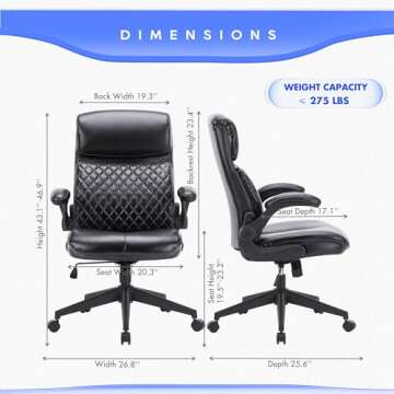 COLAMY Home Office Chair 275LBS Executive Leather Office Chair with Padded Flip-up Arms, Adjustable Height and Tilt Lock, Black