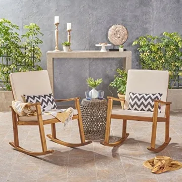 David Outdoor Acacia Wood Rocking Chair Set - Teak/Cream
