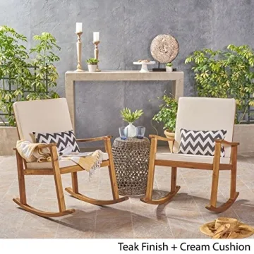 David Outdoor Acacia Wood Rocking Chair Set - Teak/Cream