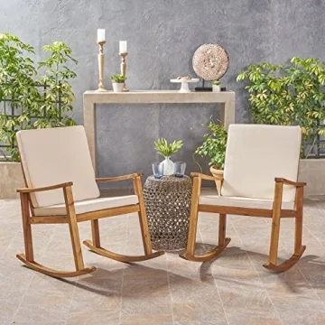 David Outdoor Acacia Wood Rocking Chair Set - Teak/Cream