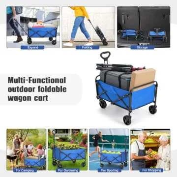 EVLIQUIL Collapsible Foldable Wagon,Wagons Carts Foldable with Wheels,Utility Grocery Lounge Folding Beach Wagon for Sand Garden Sports Shopping Outdoor(Lake Blue).