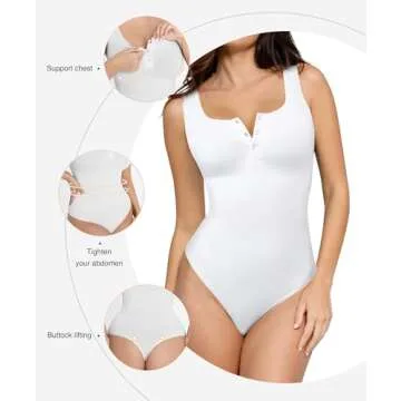 Popilush White Sleeveless Bodysuit for Women with Tummy Control