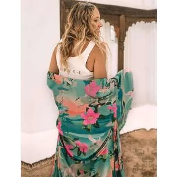 shermie Women's Long Kimono Bohemian Loose Causal Summer Beach Bikini Swimwear Swimsuit Cover Up Floral Fairy Crane Green