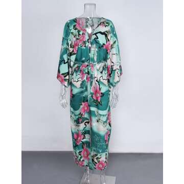 shermie Women's Long Kimono Bohemian Loose Causal Summer Beach Bikini Swimwear Swimsuit Cover Up Floral Fairy Crane Green