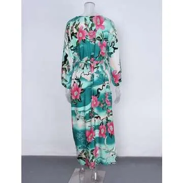 shermie Women's Long Kimono Bohemian Loose Causal Summer Beach Bikini Swimwear Swimsuit Cover Up Floral Fairy Crane Green