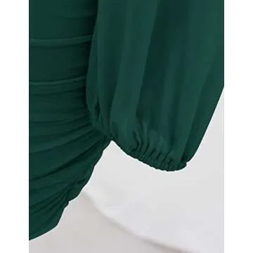 ZESICA Women's Sexy V Neck Ruched Bodycon Mini Dress Puff Long Sleeve Cocktail Wedding Party Short Dresses,ForestGreen,X-Large