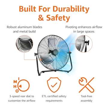 Amazon Basics Standing, Industrial Floor Fan, 18-Inch High-Velocity, 3 Speeds, Metal Construction an...
