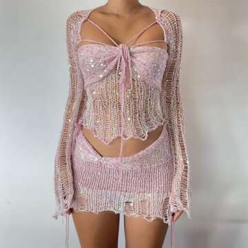 Deals of The Day Today only Clearance Sexy Two Piece Outfits Women Hollow Out Long Sleeve Twist Front Cover Up Sequin Crop Tops Knit Mini Skirts Club Suit