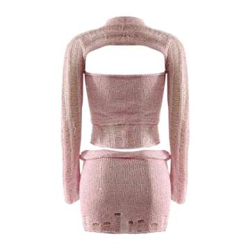 Deals of The Day Today only Clearance Sexy Two Piece Outfits Women Hollow Out Long Sleeve Twist Front Cover Up Sequin Crop Tops Knit Mini Skirts Club Suit