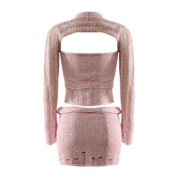 Deals of The Day Today only Clearance Sexy Two Piece Outfits Women Hollow Out Long Sleeve Twist Front Cover Up Sequin Crop Tops Knit Mini Skirts Club Suit