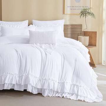 QSH White Farmhouse Ruffled Comforter Set King Size Shabby Boho Chic White Bedding Comforter King Li...