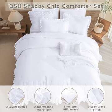 QSH White Farmhouse Ruffled Comforter Set King Size Shabby Boho Chic White Bedding Comforter King Lightweight Fluffy Ultra Soft Microfiber Inner Fill Bedding Set 3 Pieces