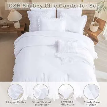 QSH White Farmhouse Ruffled Comforter Set King Size Shabby Boho Chic White Bedding Comforter King Lightweight Fluffy Ultra Soft Microfiber Inner Fill Bedding Set 3 Pieces