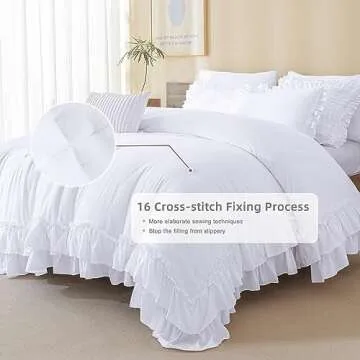 QSH White Farmhouse Ruffled Comforter Set King Size Shabby Boho Chic White Bedding Comforter King Lightweight Fluffy Ultra Soft Microfiber Inner Fill Bedding Set 3 Pieces