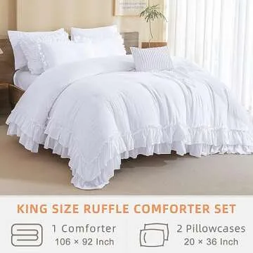 QSH White Farmhouse Ruffled Comforter Set King Size Shabby Boho Chic White Bedding Comforter King Lightweight Fluffy Ultra Soft Microfiber Inner Fill Bedding Set 3 Pieces
