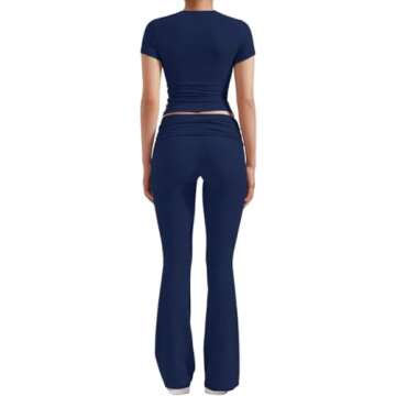 ZFLM Casual Workout Two Piece Outfits for Women Short Sleeve Crop High Waist Foldover Flare Pants Tracksuit Sets Streetwear