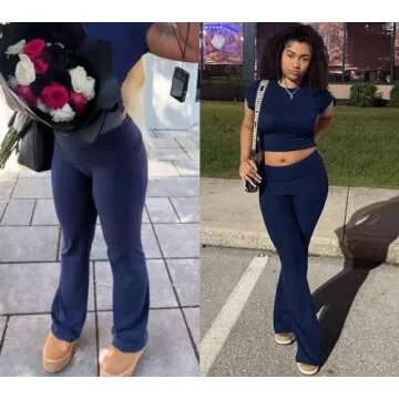 ZFLM Casual Workout Two Piece Outfits for Women Short Sleeve Crop High Waist Foldover Flare Pants Tracksuit Sets Streetwear