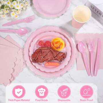 Xiangqu 175 Pcs Pink Paper Plates and Napkins, Easter Plates Light Pink Party Supplies Include Pink Scalloped Plates Napkins Cups Plastic Spoons Forks Knives for Baby Shower, Wedding, Birthday