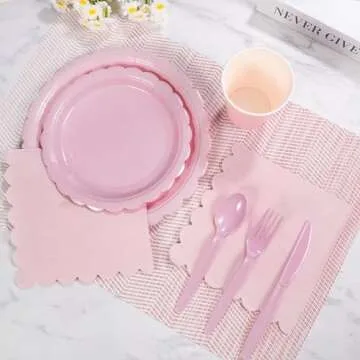 Xiangqu 175 Pcs Pink Paper Plates and Napkins, Easter Plates Light Pink Party Supplies Include Pink Scalloped Plates Napkins Cups Plastic Spoons Forks Knives for Baby Shower, Wedding, Birthday