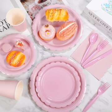 Xiangqu 175 Pcs Pink Paper Plates and Napkins, Easter Plates Light Pink Party Supplies Include Pink Scalloped Plates Napkins Cups Plastic Spoons Forks Knives for Baby Shower, Wedding, Birthday