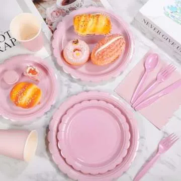 Xiangqu 175 Pcs Pink Paper Plates and Napkins, Easter Plates Light Pink Party Supplies Include Pink Scalloped Plates Napkins Cups Plastic Spoons Forks Knives for Baby Shower, Wedding, Birthday