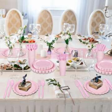 Xiangqu 175 Pcs Pink Paper Plates and Napkins, Easter Plates Light Pink Party Supplies Include Pink Scalloped Plates Napkins Cups Plastic Spoons Forks Knives for Baby Shower, Wedding, Birthday