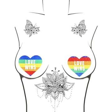 Neva Nude Love Wins Orlando Pride Rainbow Glitter Heart Nipztix Pasties for Festivals, Raves, Parties, Lingerie and More, Medical Grade Adhesive, Waterproof and Sweatproof, Made in USA
