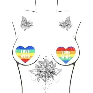 Neva Nude Love Wins Orlando Pride Rainbow Glitter Heart Nipztix Pasties for Festivals, Raves, Parties, Lingerie and More, Medical Grade Adhesive, Waterproof and Sweatproof, Made in USA
