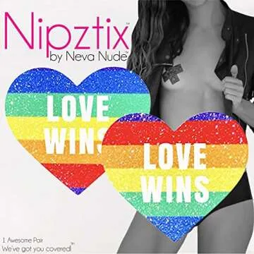 Neva Nude Love Wins Orlando Pride Rainbow Glitter Heart Nipztix Pasties for Festivals, Raves, Parties, Lingerie and More, Medical Grade Adhesive, Waterproof and Sweatproof, Made in USA