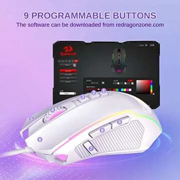 Redragon RGB Backlit Gaming Mouse - 8000 DPI, 9 Programmable Buttons, Fire Button for Windows/Mac - White