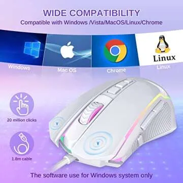 Redragon RGB Backlit Gaming Mouse - 8000 DPI, 9 Programmable Buttons, Fire Button for Windows/Mac - White