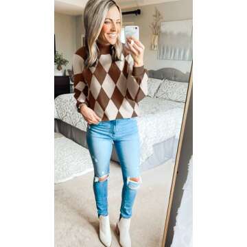 ZESICA Women's Fall Fashion Turtleneck Long Sleeve Striped Ribbed Knit Loose Pullover Sweater Tops,Dark Coffee,Medium