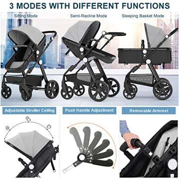 Newborn Infant Baby Bassinet Stroller - Sleeping & Sitting Mode 2 in 1 All Terrain High Landscape Shock Absorption Sunshade Comfortable Baby Toddler Strollers for 0-36 Months Old Babies Gray