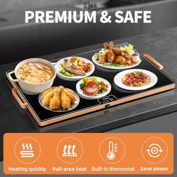 Food Warming Mat（Large 24"x16"），Food Warmer with Thermostat and Full Surface Heating，Food Warming Tray for Parties Buffet with 2 Temperature Modes ，Gatherings，Gold Edge Handles Warming Mat for Food