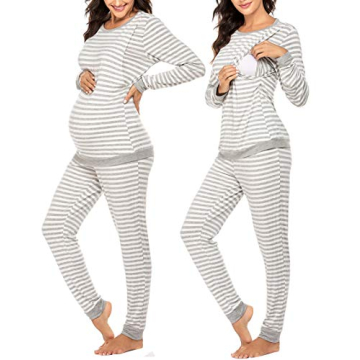 Ekouaer Nursing Pajama Set - Stylish Striped Long Sleeve Sleepwear