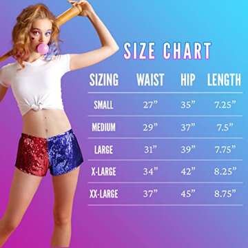 HDE Women's Red and Blue Metallic Sequin Booty Shorts for Harley Misfit Halloween Costume (Red and Blue, Large)