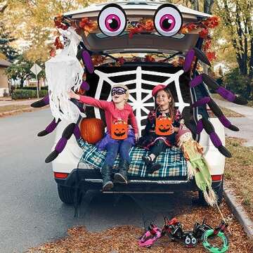 Libima 5 Sets Halloween Trunk or Treat Car Decoration Kit Spider Face Trunk or Treat Kit Halloween Inflatable Spiders Ring Toss Game Set Pumpkin Goody Bucket Spiderweb Backdrop for Party Supplies Gift