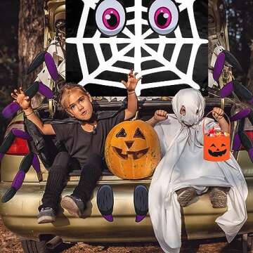 Libima 5 Sets Halloween Trunk or Treat Car Decoration Kit Spider Face Trunk or Treat Kit Halloween Inflatable Spiders Ring Toss Game Set Pumpkin Goody Bucket Spiderweb Backdrop for Party Supplies Gift