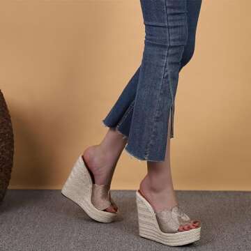 Vujkliy Women's Summer SIides, Platform Open Toe Espadrilles Wedge Sandals, Ultrahigh Heel Sandals Wedding Party Dress Shoes,Gold,8