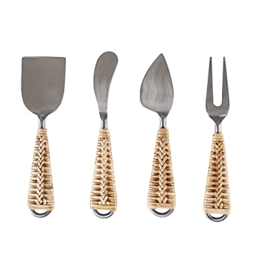 Alpha Living Home Cheese Knife Set, Stainless Steel Cheese Slicer Cutter Spreader Fork, Rattan Chees...